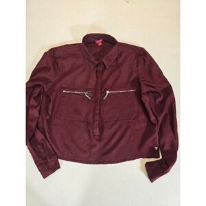 Guess Cropped Shirt‎ Top Zipper Pockets Long Sleeve Burgundy XS See Description
